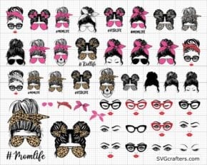 Bundle Messy bun svg, Messy bun with glasses svg, momlife svg